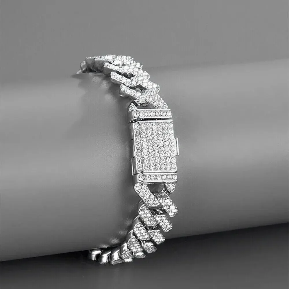 Silver Plated Cuban Rhinestone Bracelet
